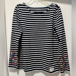 Talbots Navy and White Striped Cotton Top w Floral Embroidery on the Sleeves M